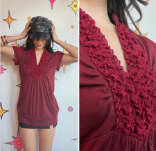 Vintage 90s Y2K White Ruffle Neck Fairy Grunge Victorian Steampunk Blouse Top M