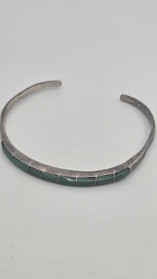 Vintage 925 Sterling Silver Green Turquoise Inlay Thin Cuff Bracelet 5.75" - Image 1 of 4