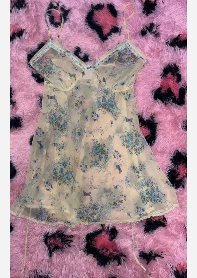 Vestido romântico semi-transparente amarelo floral babydoll lingerie slip com detalhe de fita M - Imagem 4 de 4