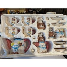 Vintage 1996 Battat Teddy Bear Ceramic Tea Set 17 Piece Chef Theme Pink Blue