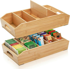 2 Pack Bamboo Pantry Organizers, Storage Bin with Removable Dividers, Divided Sn