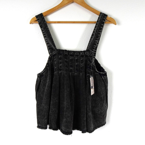 Free People Tank Top Women's Size S  Black Denim Pleated Raw Hem Marina Loose - Picture 3 of 10
