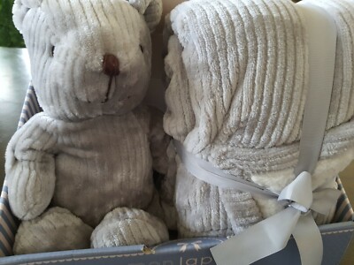 NEW Mon Lapin Gray BEAR PLUSH Baby Blanket 2 Pc Set Ribbed Security Lovey 