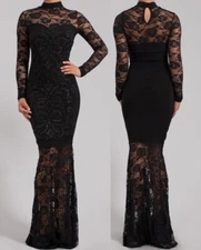 Sexy Black Lace Sparkling Bodycon Mermaid Maxi Dress Gown S