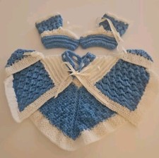 Vtg Rare Blue White Hand Crocheted Baby Cape Capelet Booties Set