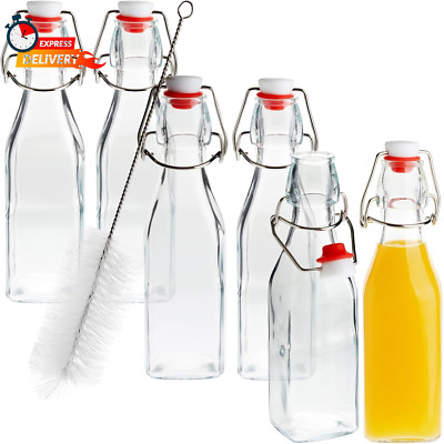 Juvale 6 Pack 8 oz Swing Top Glass Bottles with Stoppers, Cleaning Brush - Hot S