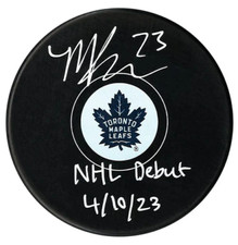 Matthew Knies Toronto Maple Leafs Signed Hockey Puck with NHL Debut Inscription