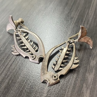 Vtg Sterling Fishbone Dangle Earrings - 2  - Large Sterling Fish Earrings 