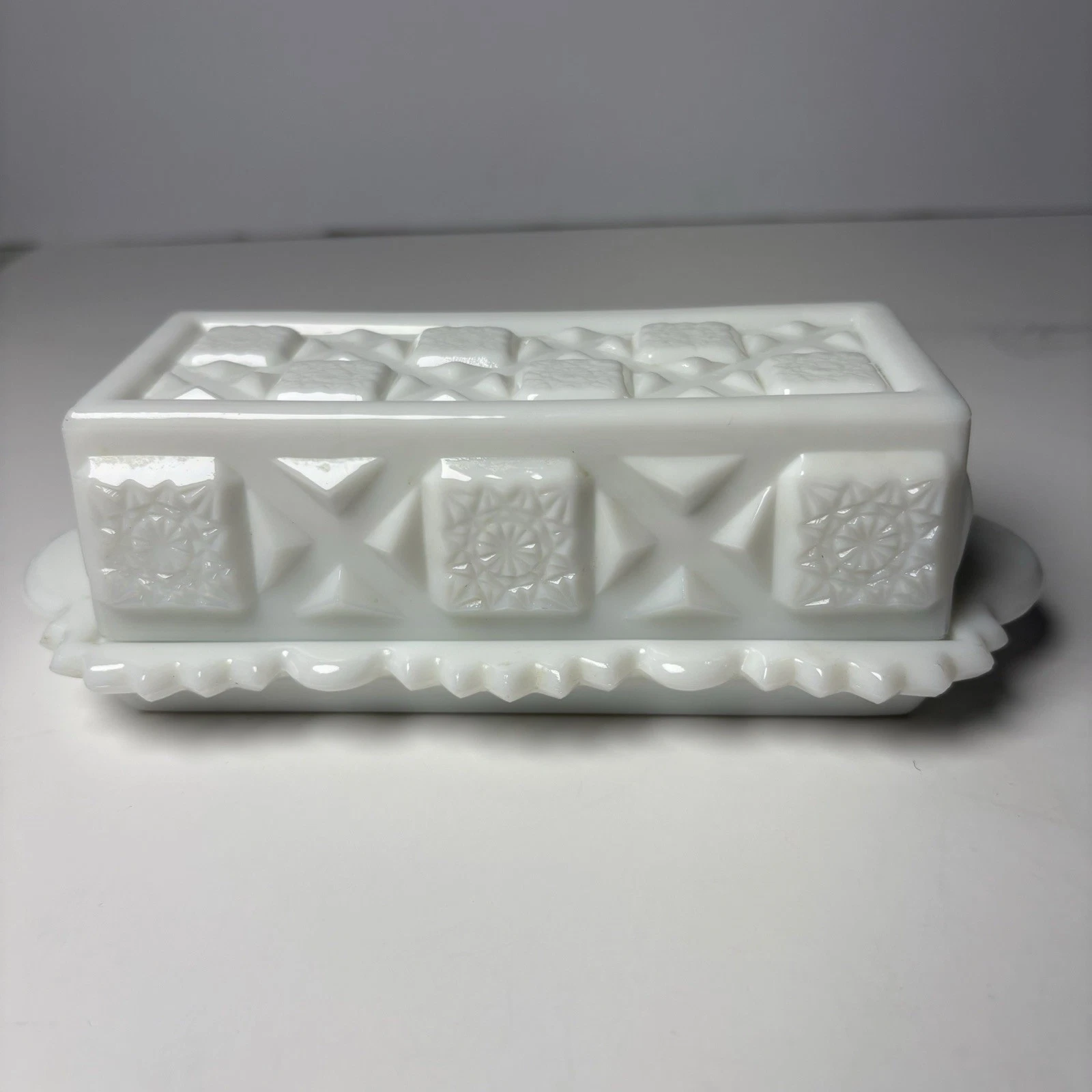 Vintage Westmoreland Glass Co. Milk Glass “Old Quilt” Pattern Butter Dish White