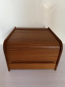 VTG Teak Wood Roll Top Tambour Style Disc/Cassette Storage Box Holder