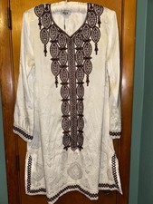 ASA Womens Kurta Kurti White Brown Embroidered Indian Pakistani Tunic Size M