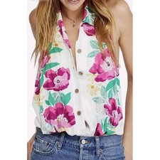 NWT Free People Offshore Floral Halter Bodysuit Ivory Combo Open Back Boho S