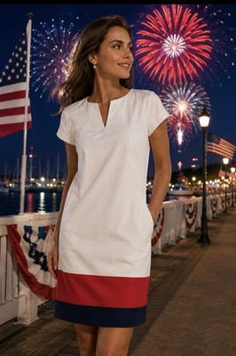 GIZIA Designer White Shift Dress Nautical Patriotic Cotton Stretch Pockets 38 S