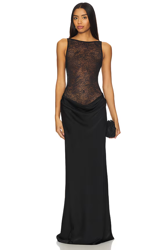 NBD Betty Gown black lace sheer top long dress size L NWT $278 msrp