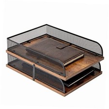 Set of 2 Vintage Wood  Metal Letter Tray  Desk Organizers Paper 2 Layer