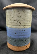 Byron Temple Vtg Studio Art Pottery Blues & Gray, Lidded Jar, 7",  Signed  AS-IS