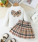 Toddler Girl 2-3 2T 3T 2pc Outfit Plaid Skirt White Long Sleeve Bow Top Preppy