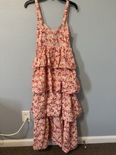 NWT ASTR The Label Floral Tiered Midi Dress Eyelet Embroidered Pink XS