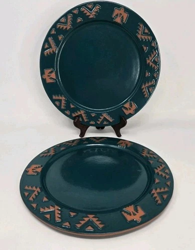 2 Frankoma Native American Dinner Plate 10.5" Thunderbird Eagle Southwest Teal