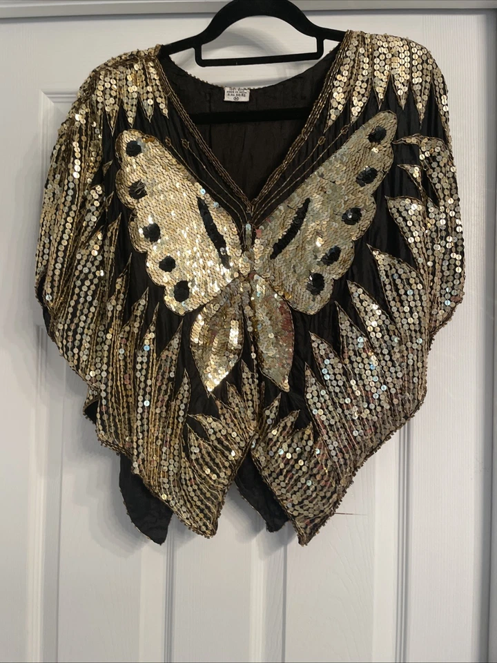 Vintage Sequin Butterfly Blouse Silk Rayon Top Black Gold Size: M Boho 70s - Image 2 of 4