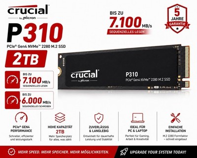 Crucial P310 2TB NVMe SSD | PCIe Gen4 | M.2 2280 | NEU | Bis zu 7.100 MB/s