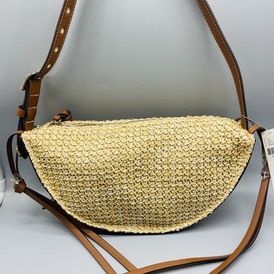 Anthropologie Dolce Vita Monaco Raffia Shoulder Bag Natural Straw + Brown Leathe