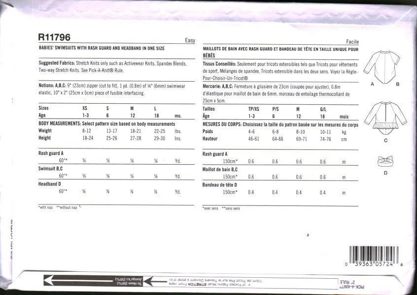 11796 UNCUT Simplicity Sewing Pattern Infant Swimsuits Rash Guard Headband Baby - Image 2 of 2