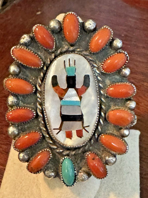 Vintage Zuni Olla Woman Ring Signed EB Sz7.5 BIG Full Finger Multi-inlay Coral
