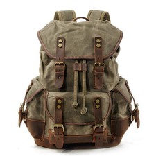 Men Travel Backpack, Genuine Leather-Waxed Canvas Shoulder Hiking Rucksack G...
