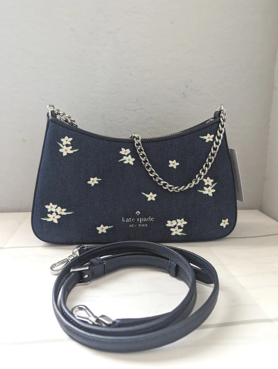 Kate Spade Madison Embroidered Floral Zippy Convertible Crossbody Blue  Denim