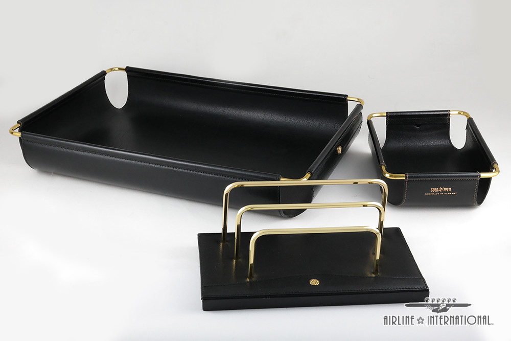 GOLD PFEIL LEATHER LETTER TRAY, MEMO TRAY & LETTER RACK DESK SET
