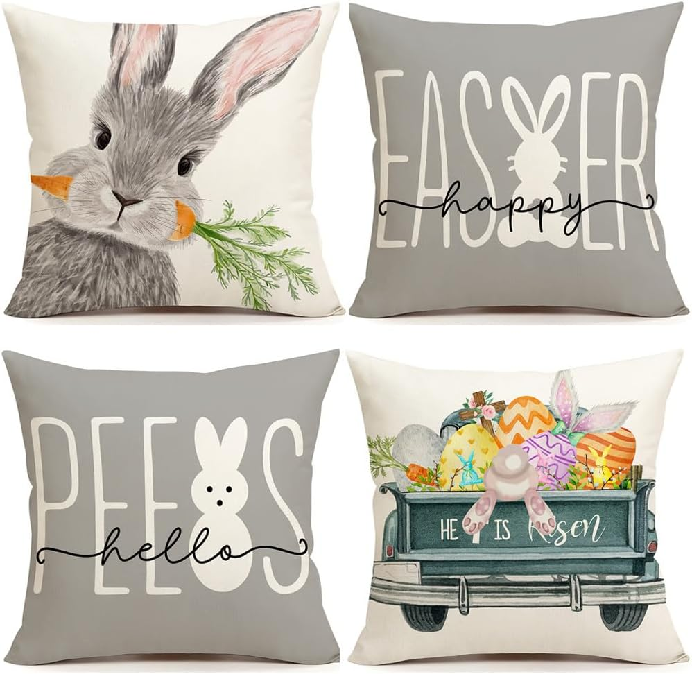 Hello Peeps Easter Rabbit Truck Pillow Covers 18x18 Set of 4 for Spring Decor