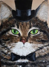Cat in top hat Original oil painting Impasto Pet Portrait 100% Handmade 16x12 in