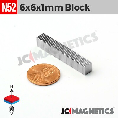 6mm x 6mm x 1mm Thin Magnet Blocks N52 Strong Rare Earth Neodymium 6x6x1mm