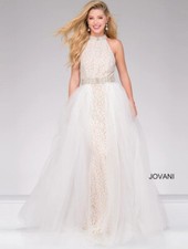 Jovanni 45138 Dress 4 Ivory Nude Lace Tulle Crystals Formal Wedding Prom