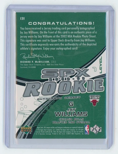 2002 -03 Upper Deck SPX Jay Williams Level 1 Rookie Jersey Auto 817/999 - Picture 2 of 2