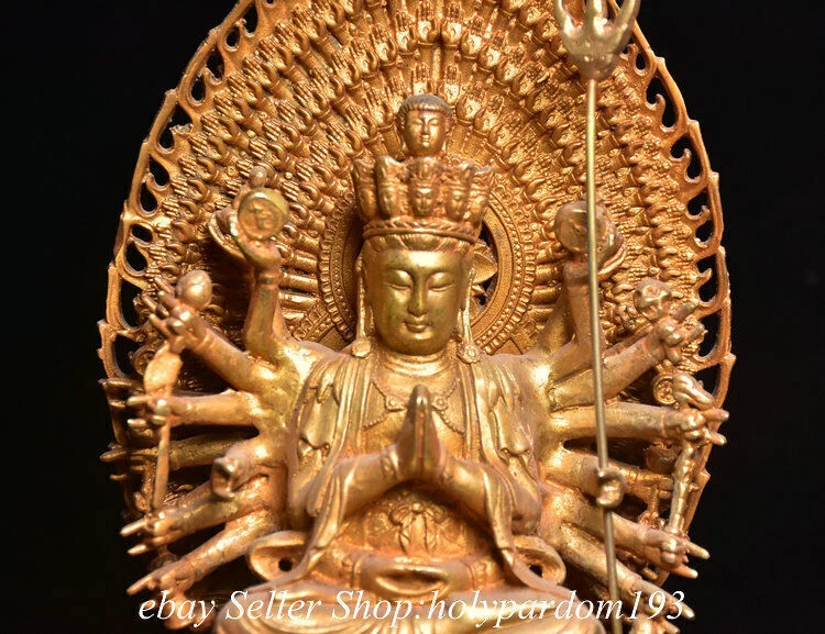 Статуэтка Авалокитешвара Бога из старой тибетской бронзы позолота 1000 гербов 10,8 дюйма   - Изображение 3 из 4