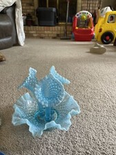 Fenton Sea Blue Hobnail Diamond Lace Opalescent Flower Emergency