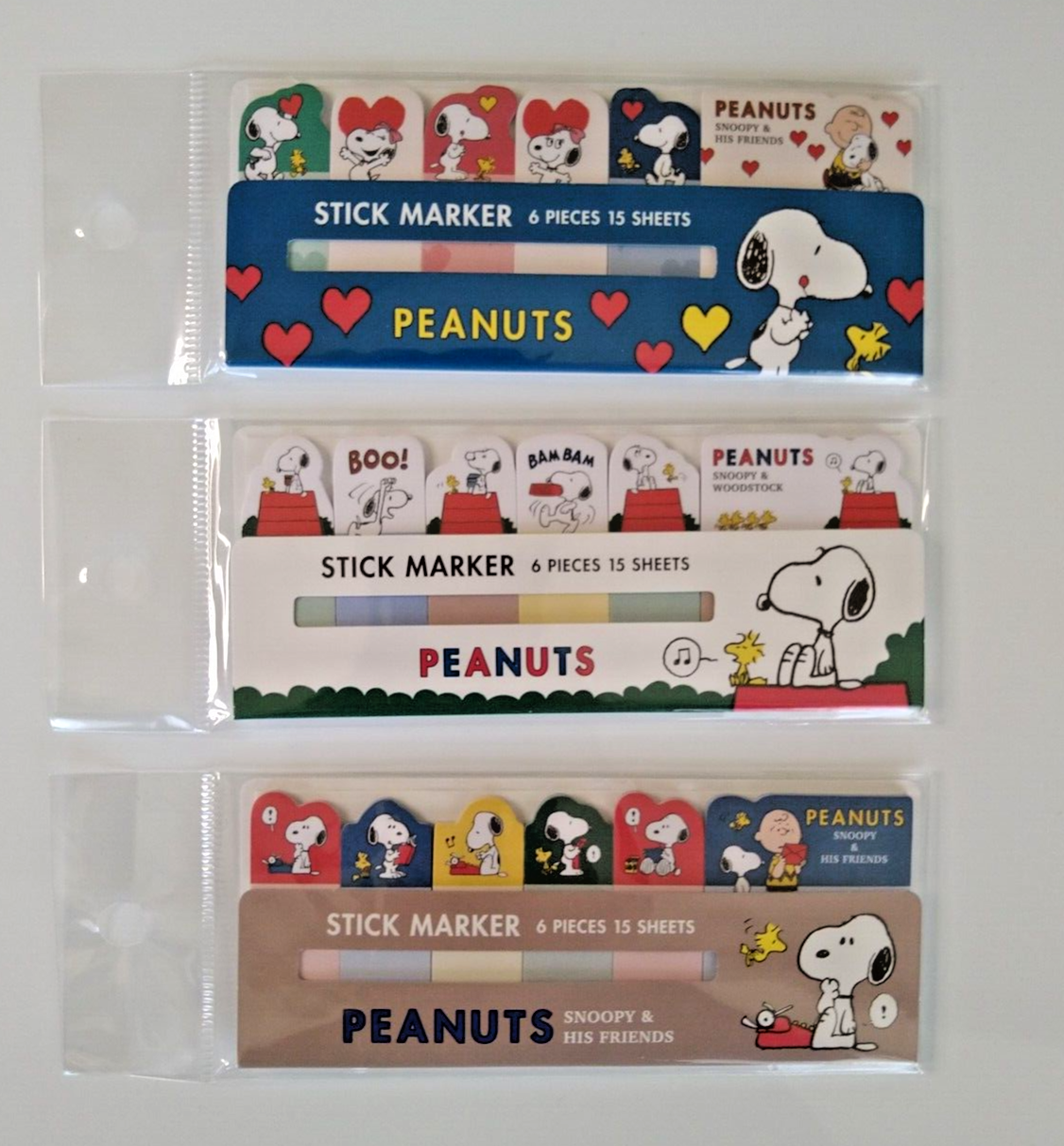 Snoopy Peanuts Sticky Notes Markers - 6 Designs, 15 Sheets, 3 Sets-image