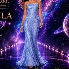 NEXT UP Dress Sz 11/12 Ice Blue Sequin High Neck Open Back Prom Gown NWT