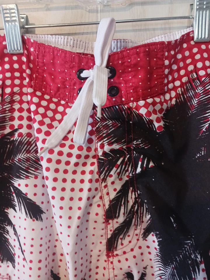 Joe Boxer Swim Trunks Men Sz L 10" Inseam  Black White Red Palm Trees Mesh Lined - Image 2 of 4