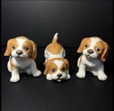 VTG Homco Spaniel Puppy Figurines Porcelain #1407 Set of 3 Tan and White