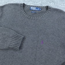 Polo Ralph Lauren Sweater Mens XL Gray Cotton Knit Crewneck Purple Pony Preppy