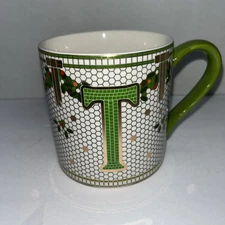Anthropologie The Bistro Tile Stoneware Monogram Letter "T “Festive Edition NWT