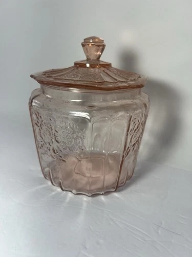 VTG Anchor Hocking Mayfair Biscuit Cookie Jar Open Rose Pink Depression Glass