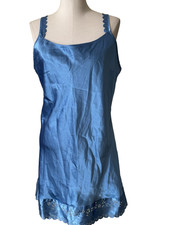 Halston Women's X Large Blue Satin Gown Lace Cutout Straps Hem Vintage