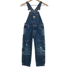 VTG CARHARTT Double Knee Denim Overalls Kids Sz 5 Dark Wash Distressed Y13DST