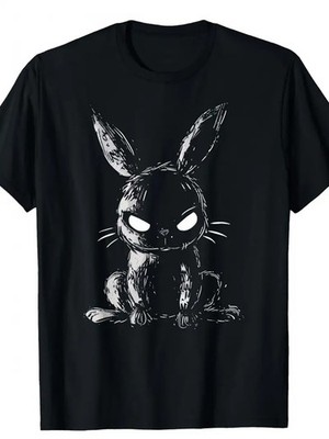 Men'S Black Cartoon Rabbit Graphic T-Shirt  Eerie Design with Glowing Eyes, Sh