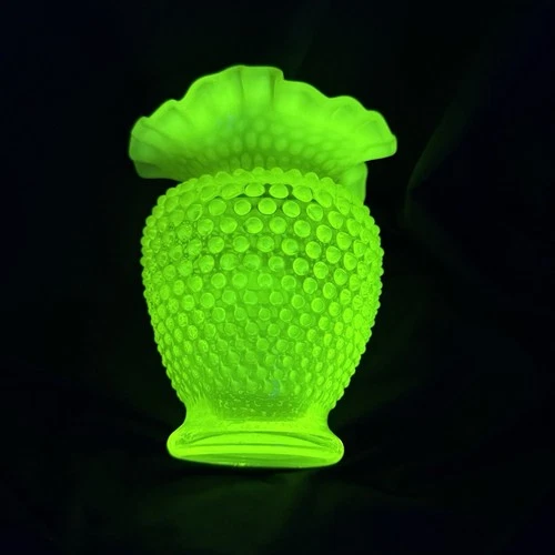 Fenton Glass Topaz Opalescent Uranium Glass Hobnail Triangular Crimped Vase 6”