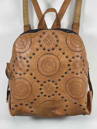 Brown Faux Leather Backpack Purse accented with laser cutouts & studded - Picture 2 of 22